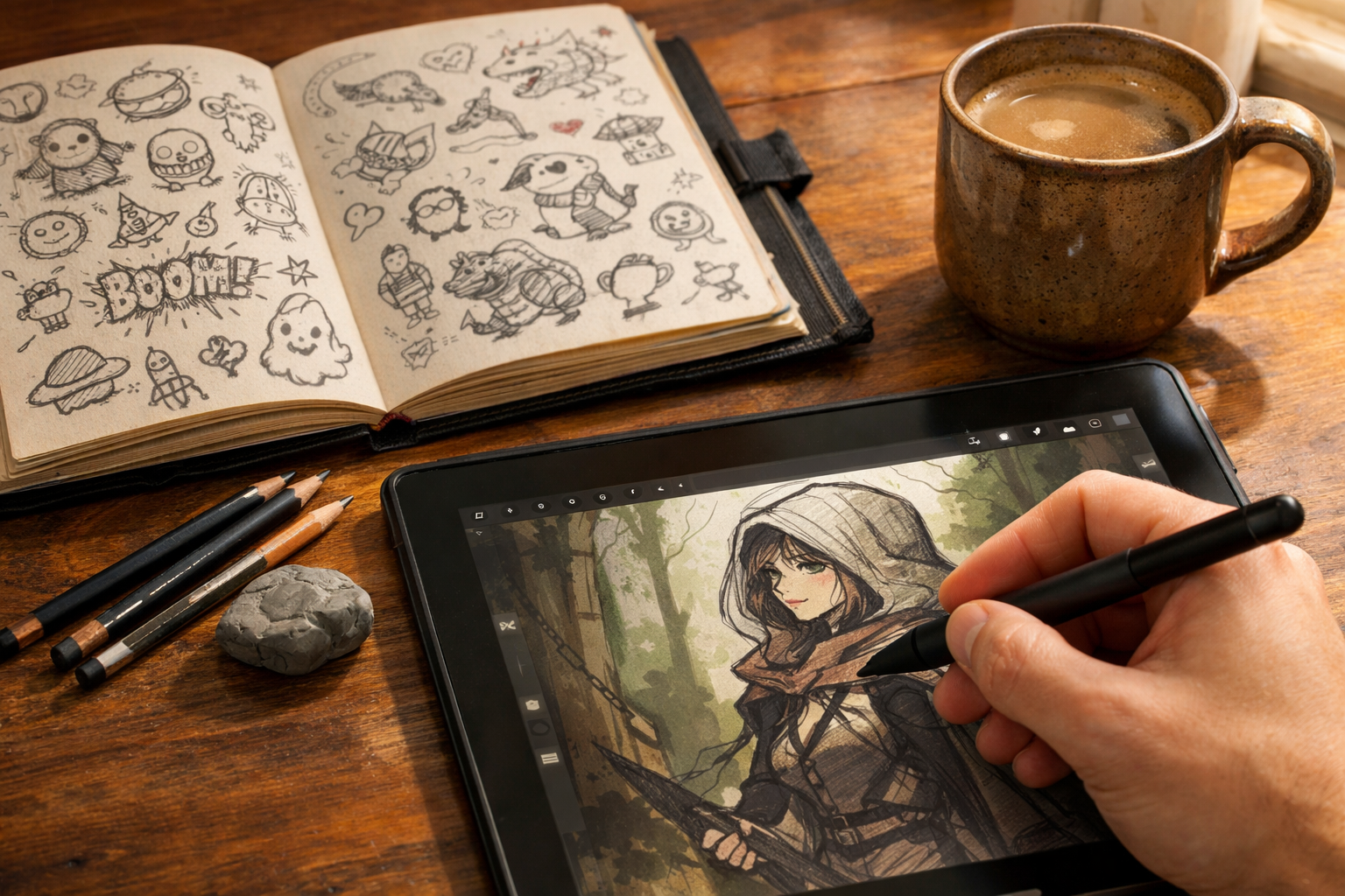 Photo d'un bureau d'artiste avec dessins